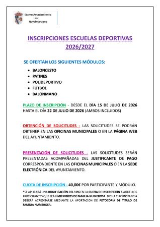 Imagen INSCRIPCIONES ESCUELAS DEPORTIVAS 2026-2027